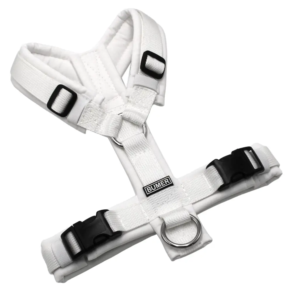 BUMER Hundegeschirr, Softshell Weiss, Größe XS, Gurtband PREMIUM Silken Snow, Ringe silberfarbig (Edelstahl), Schnallen schwarz ( DURAFLEX®)