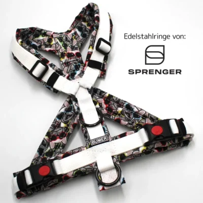 BUMER Hundegeschirr, gepolstert mit geteiltem Bruststeg, Größe S, Gurtband: PREMIUM Silken Snow, Oxford: Frenchie in Love, Ringe: schwarz (Edelstahl), Schnallen: schwarz (mit Sicherung)