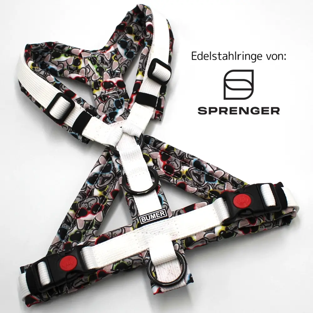 BUMER Hundegeschirr, gepolstert mit geteiltem Bruststeg, Größe S, Gurtband PREMIUM Silken Snow, Oxford Frenchie in Love, Ringe schwarz (Edelstahl), Schnallen schwarz ( DURAFLEX®)