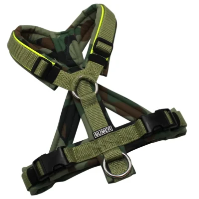 BUMER Hundegeschirr, gepolstert mit geteiltem Bruststeg, Größe XS, Gurtband: Moos, Softshell: Forest Fusion, Ringe: silberfarbig (Edelstahl), Schnallen: Schnallen: schwarz (DURAFLEX®)
