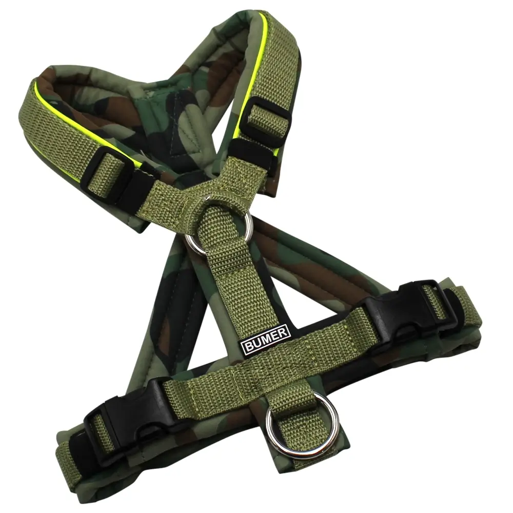 BUMER Hundegeschirr, gepolstert mit geteiltem Bruststeg, Größe XS, Gurtband: Moos, Softshell: Forest Fusion, Ringe: silberfarbig (Edelstahl), Schnallen: Schnallen: schwarz (DURAFLEX®)