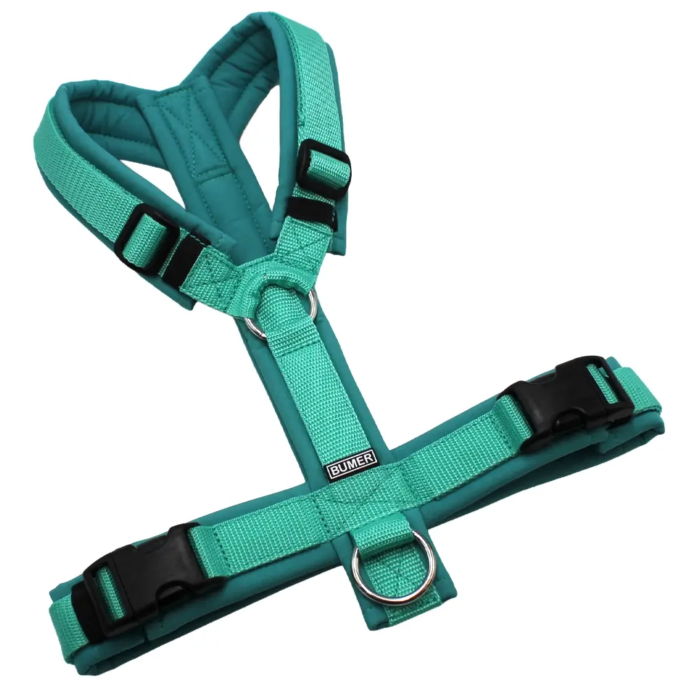 BUMER Hundegeschirr, gepolstert ohne geteilten Bruststeg, Größe M, Gurtband Mint, Softshell Türkis Twirl, Ringe silberfarbig (Edelstahl), Schnallen schwarz