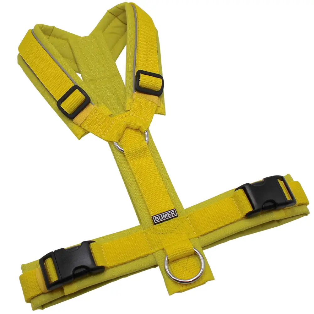 BUMER Hundegeschirr, gepolstert ohne geteilten Bruststeg, Größe M, Gurtband: Gelb, CORDURA®: Gelb, Ringe: silberfarbig (Edelstahl), Schnallen: schwarz
