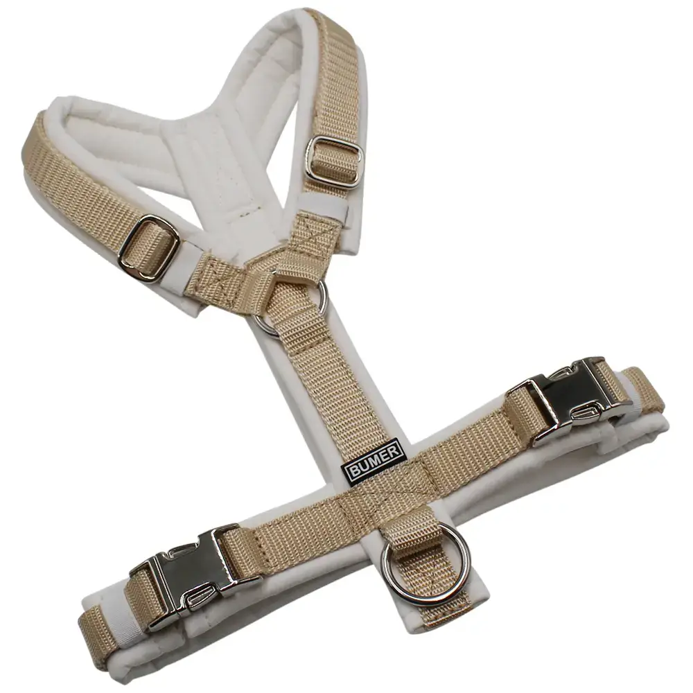 BUMER Hundegeschirr, gepolstert ohne geteilten Bruststeg, Größe S, Gurtband: Standard PLUS Creme, Softshell: weiss, Ringe: silberfarbig (Edelstahl), Schnallen: Aluminium, Schieber: Metall