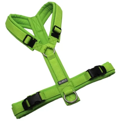 BUMER Hundegeschirr, gepolstert ohne geteilten Bruststeg, Größe S/M, Gurtband: Helllime, Softshell: Lime, Ringe: silberfarbig (Edelstahl), Schnallen: schwarz (DURAFLEX®)