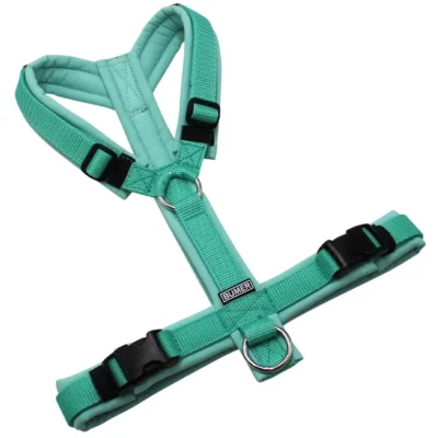 BUMER Hundegeschirr, gepolstert ohne geteilten Bruststeg, Größe S/M, Gurtband: Mint, Softshell: Jadenluft, Ringe: silberfarbig (Edelstahl), Schnallen: schwarz ( DURAFLEX®)