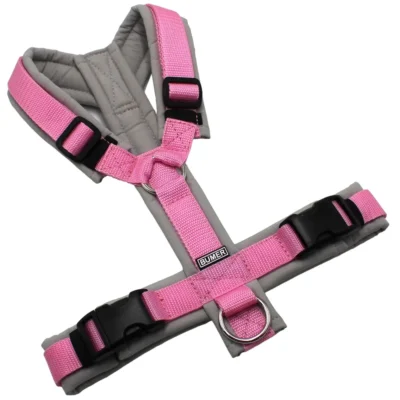 BUMER Hundegeschirr, gepolstert ohne geteilten Bruststeg, Größe S/M, Gurtband: Pink, Softshell: Hellgrau, Ringe: silberfarbig (Edelstahl), Schnallen: schwarz (DURAFLEX®)
