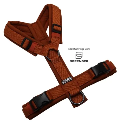 BUMER Hundegeschirr, gepolstert ohne geteilten Bruststeg, Größe XS, Gurtband: Hellbraun, Softshell: Karamell, Ringe: schwarz (Edelstahl), Schnallen: schwarz (DURAFLEX®)