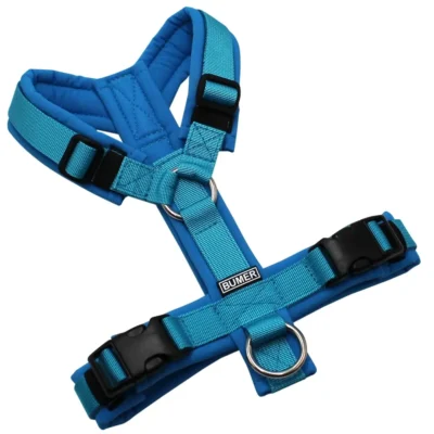 BUMER Hundegeschirr, gepolstert ohne geteilten Bruststeg, Größe XS, Gurtband: PREMIUM Blue Lagoon, Softshell: Eisvogelblau, Ringe: silberfarbig (Edelstahl), Schnallen: schwarz