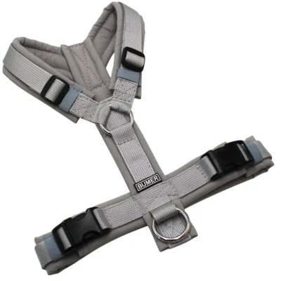 BUMER Hundegeschirr, gepolstert ohne geteilten Bruststeg, Größe XS, Gurtband: PREMIUM Muschelgrau, Softshell: Hellgrau, Ringe: silberfarbig (Edelstahl), Schnallen: schwarz (DURAFLEX®)