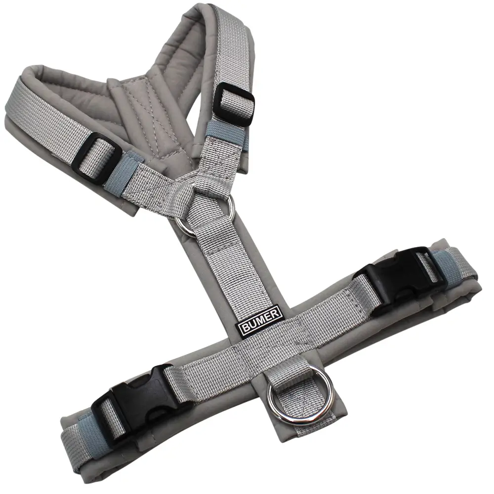 BUMER Hundegeschirr, gepolstert ohne geteilten Bruststeg, Größe XS, Gurtband: PREMIUM Muschelgrau, Softshell: Hellgrau, Ringe: silberfarbig (Edelstahl), Schnallen: schwarz (DURAFLEX®)