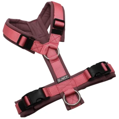 BUMER Hundegeschirr, gepolstert ohne geteilten Bruststeg, Größe XS, Gurtband: PREMIUM Perlmutt Rosa, Softshell: Smoky Violet, Ringe: silberfarbig (Edelstahl), Schnallen: schwarz