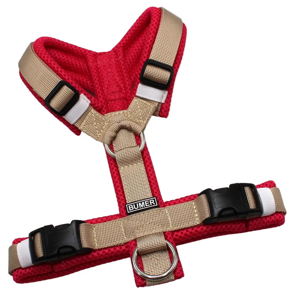 BUMER Hundegeschirr, gepolstert ohne geteilten Bruststeg, Größe XS, Gurtband PREMIUM Soft Beige, MESH Pink, Ringe silberfarbig (Edelstahl), Schnallen schwarz