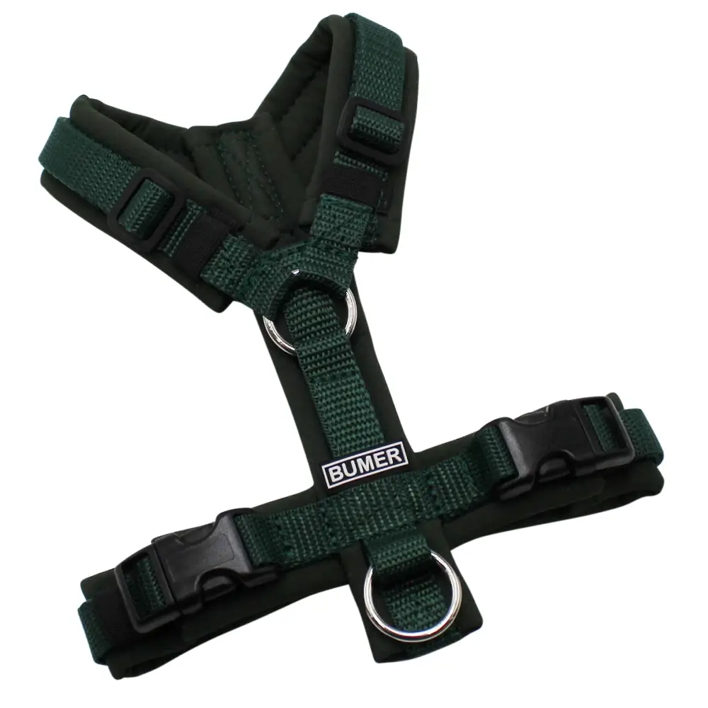 BUMER Hundegeschirr, gepolstert ohne geteilten Bruststeg, Größe XXS, Gurtband: Dunkelgrün, Softshell: Dunkelolive, Ringe: silberfarbig (Edelstahl), Schnallen: schwarz