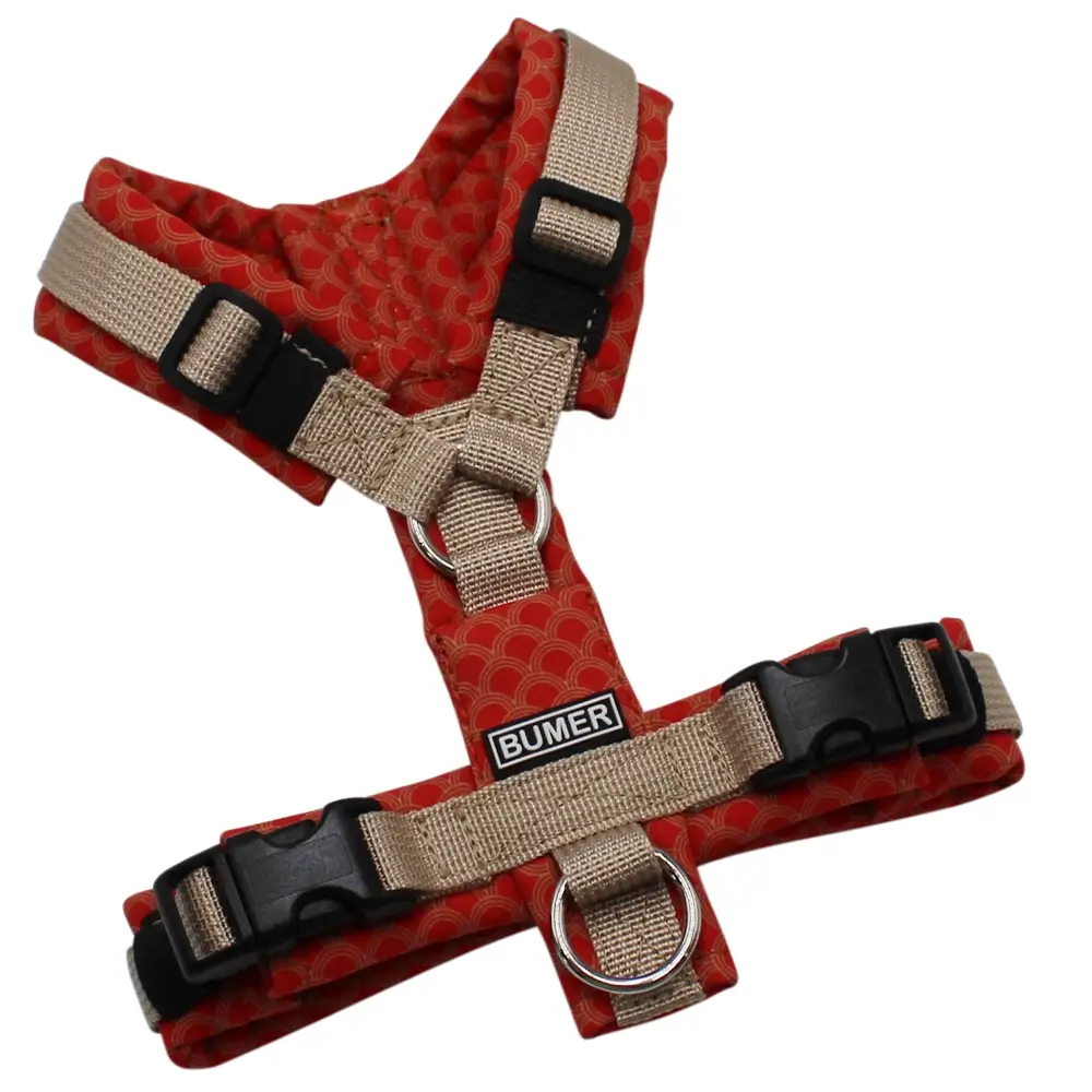 BUMER Hundegeschirr, gepolstert ohne geteilten Bruststeg, Größe XXS, Gurtband: PREMIUM Soft Beige, Softshell: Rote Vogen, Ringe: silberfarbig (Edelstahl), Schnallen: schwarz, Applikation