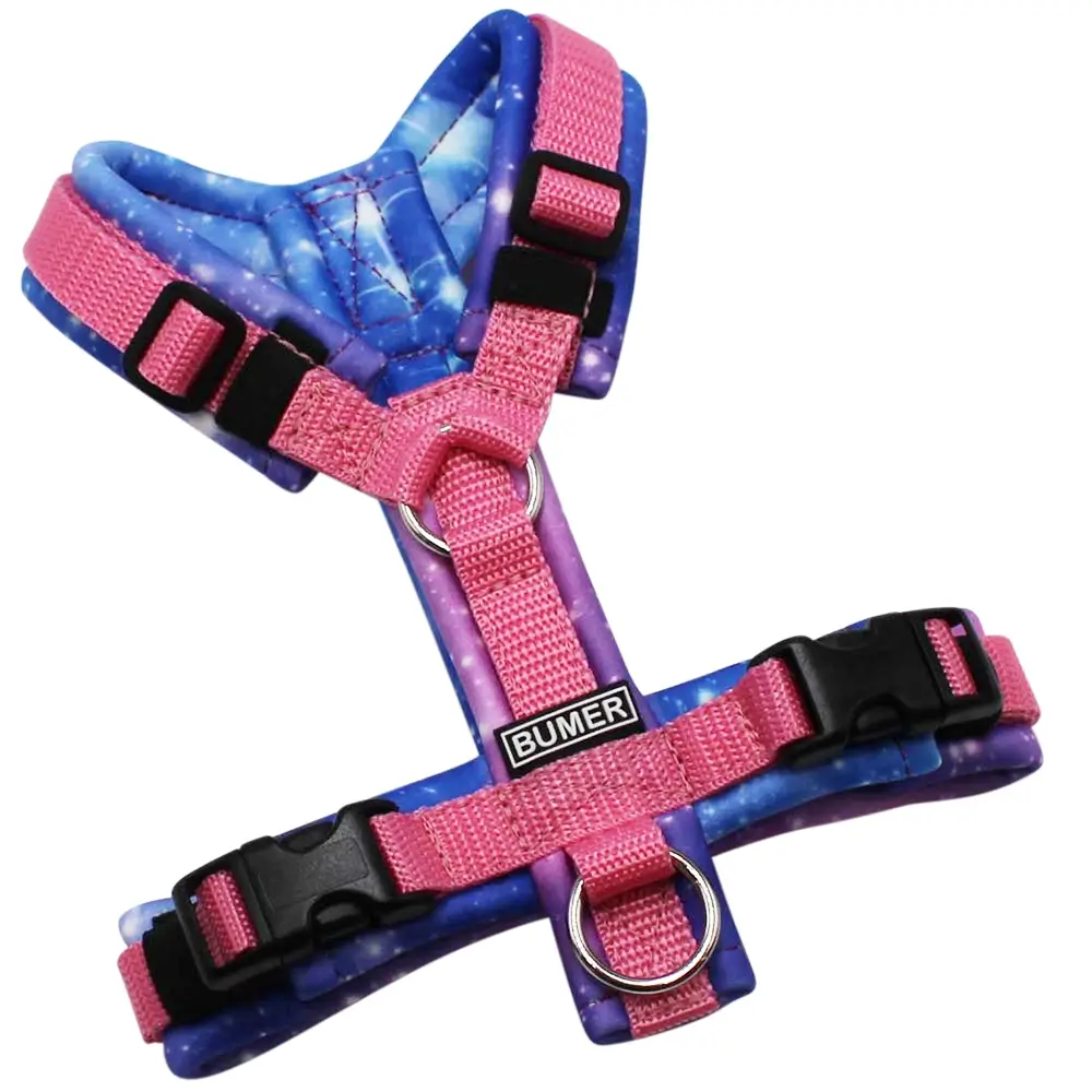 BUMER Hundegeschirr, gepolstert ohne geteilten Bruststeg, Größe XXS, Gurtband: Pink, Softshell: GALAXY, Ringe: silberfarbig (Edelstahl), Schnallen: schwarz