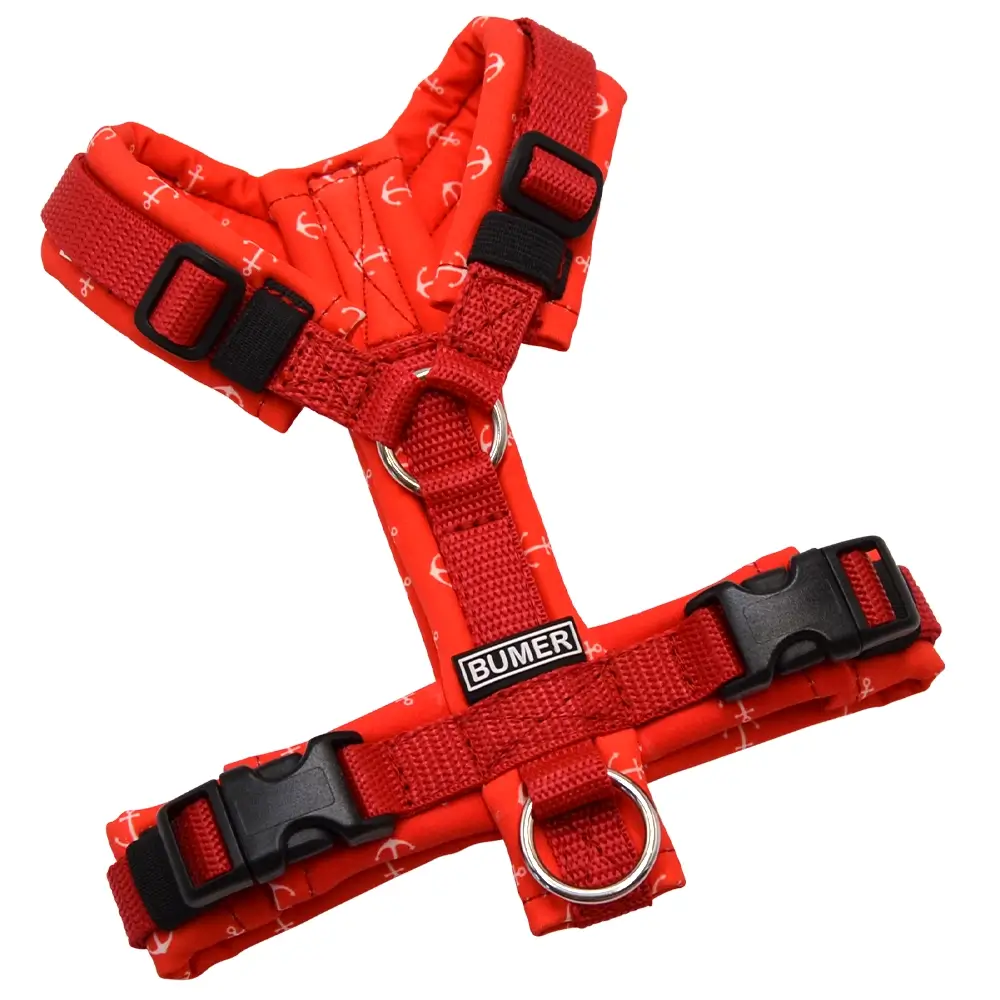 BUMER Hundegeschirr, gepolstert ohne geteilten Bruststeg, Größe XXS, Gurtband: Rot, Softshell: ANKER Rot, Ringe: silberfarbig (Edelstahl), Schnallen: schwarz