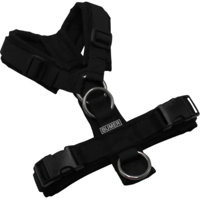 BUMER Hundegeschirr, gepolstert ohne geteilten Bruststeg, Zwischengröße XXS/XS, Gurtband: PREMIUM Pitch Black, Softshell: Schwarz, Ringe: silberfarbig (Edelstahl), Schnallen: schwarz (DURAFLEX®), Zusatzring Rückensteg