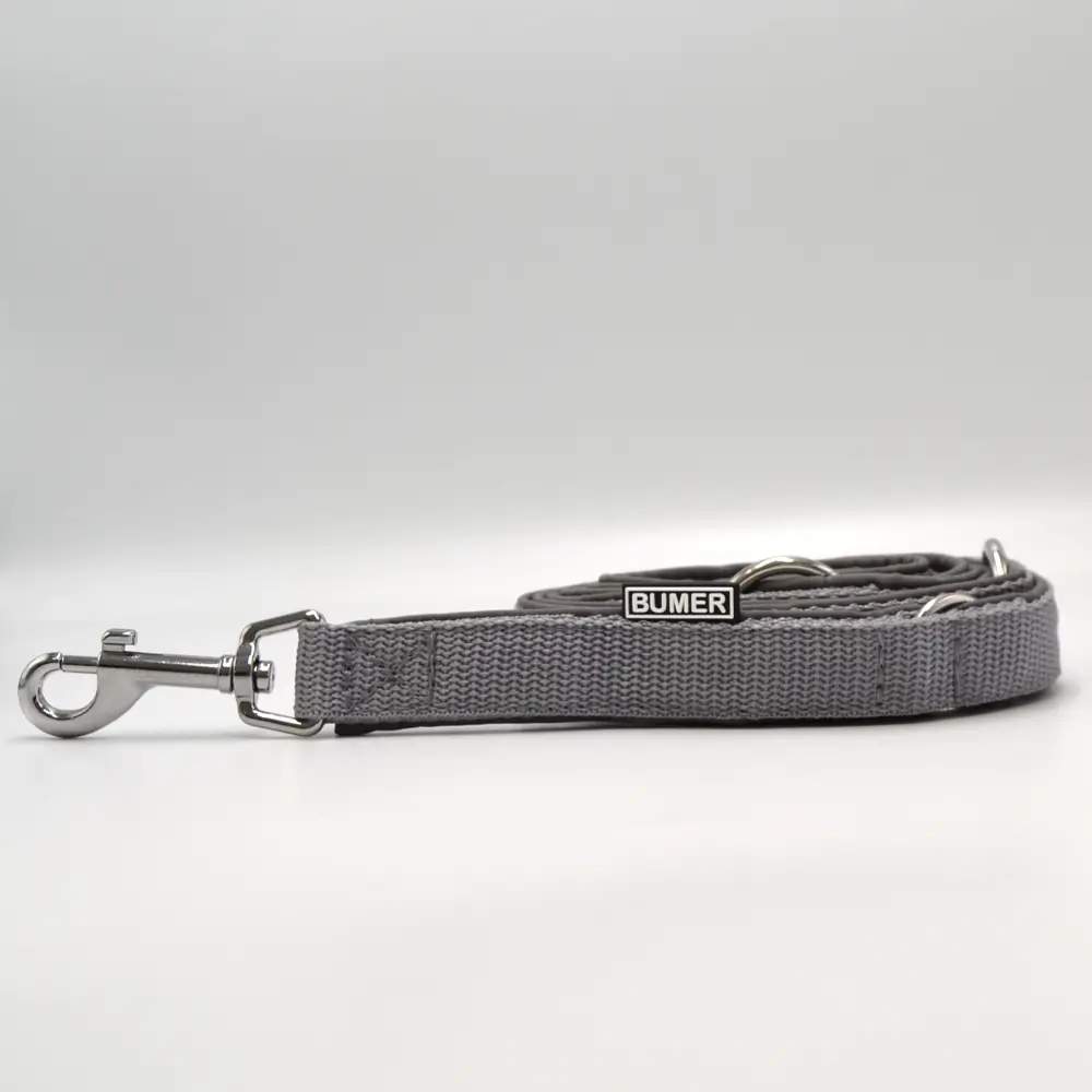 BUMER Hundeleine, 190cm (3fach verstellbar), Gurtband Mausgrau, Softshell Mittelgrau, Ringe/Karabiner silberfarbig