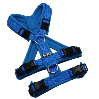 BUMER Sicherheitsgeschirr, gepolstert mit geteiltem Bruststeg, Größe XXS, Gurtband: PREMIUM X Blue, Softshell: Eisvogelblau, Ringe: silberfarbig (Edelstahl), Schnallen: schwarz