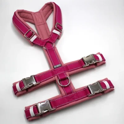 BUMER Sicherheitsgeschirr, gepolstert ohne geteilten Bruststeg, Größe M, Gurtband: REFLEX Fuchsia, Softshell: Rosenquarz, Ringe: silberfarbig (Edelstahl)