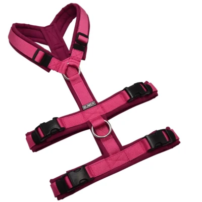 BUMER Sicherheitsgeschirr, gepolstert ohne geteilten Bruststeg, Größe S, Gurtband: PREMIUM Himbeer Sorbet, Softshell: Plumbrace, Ringe: silberfarbig (Edelstahl), Schnallen: DURAFLEX®