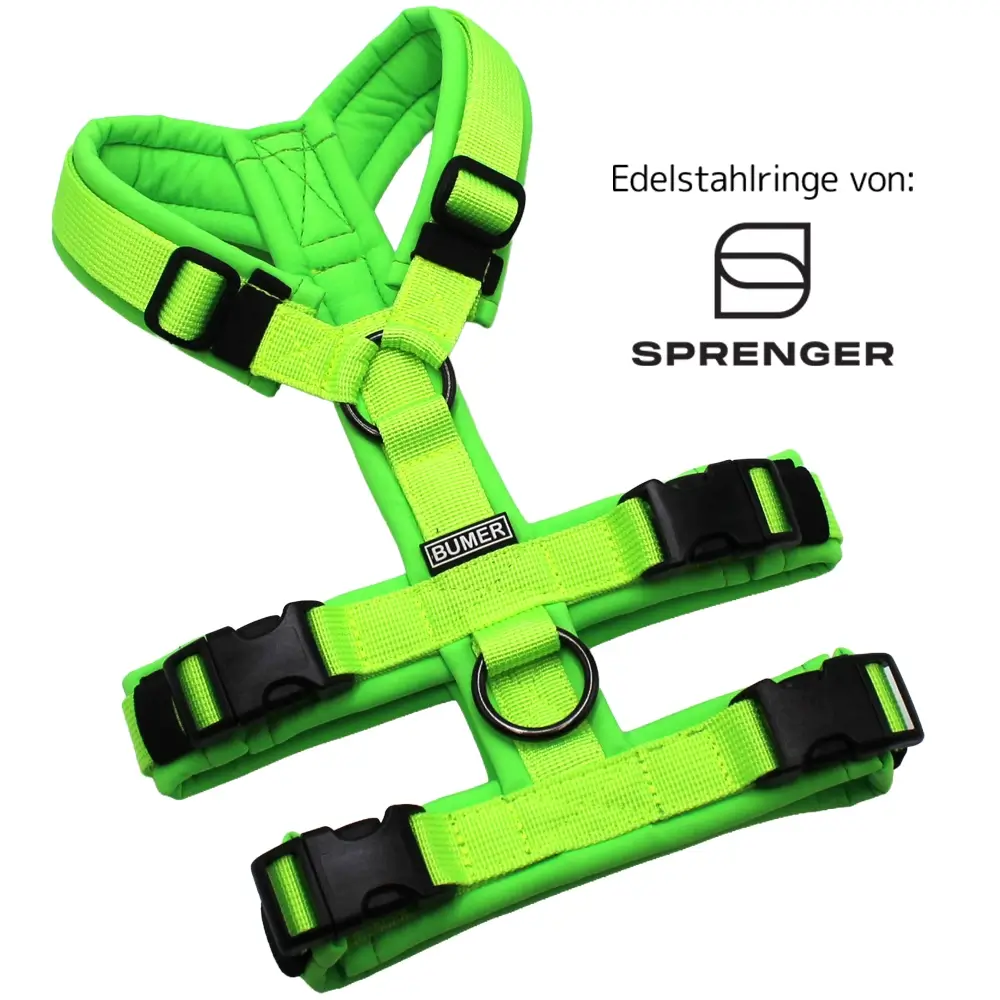 BUMER Sicherheitsgeschirr, gepolstert ohne geteilten Bruststeg, Größe XS, Gurtband PREMIUM Neonlime, Softshell Neongrün, Ringe schwarz (Edelstahl), Schnallen schwarz (DURAFLEX®)
