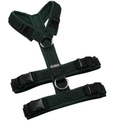 BUMER Sicherheitsgeschirr, gepolstert ohne geteilten Bruststeg, Größe XS/S, Gurtband: PREMIUM X Dunkelgrün, Softshell: Tanne, Ringe: silberfarbig (Edelstahl), Schnallen: schwarz