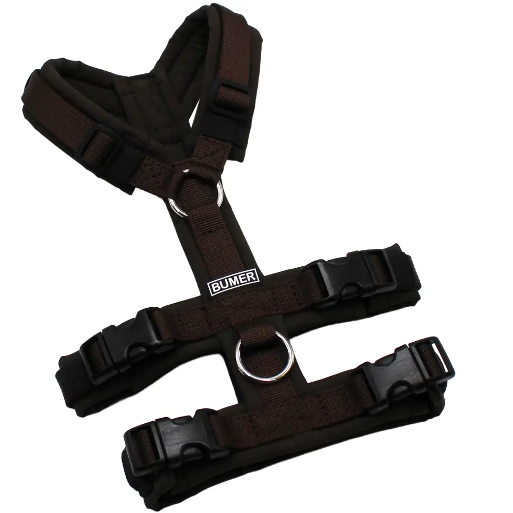 BUMER Sicherheitsgeschirr, gepolstert ohne geteilten Bruststeg, Größe XXS, Gurtband PREMIUM Cocoa Bean, Softshell Ebenholzbraun, Ringe silberfarbig (Edelstahl), Schnallen schwarz